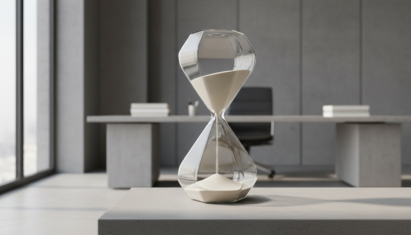 A geometric glass hourglass filled with fine, ivory-colored sand, resting on a balanced, matte concrete plinth in a minimalist office environment. The hourglass has crisp edges and a clear, flawless surface that catches delicate streams of soft, indirect daylight from a nearby window, causing gentle glints and elongated shadows on the surface below. The background reveals clean lines and structured neutrality, with muted tones of gray and stone in soft focus. Captured from a low, side-on angle with centered composition, the image is sharply detailed, exuding patience, mindfulness, and the thoughtful passage of time—key tenets in therapy and personal development within a modern, structured business context.