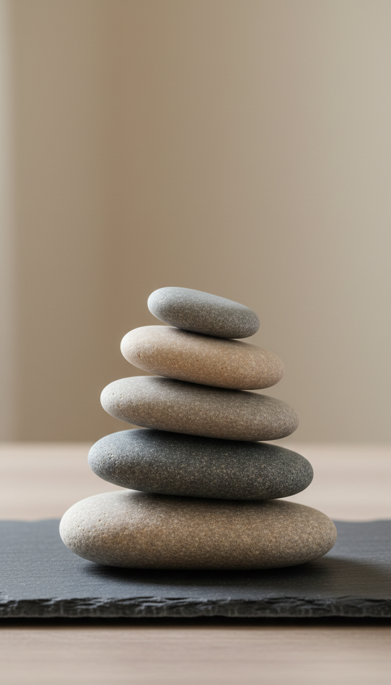 A pristine, elegantly balanced stack of smooth river stones in varying neutral grays, meticulously arranged on a matte slate surface. The stones display natural textures and soft, rounded edges, each one subtly differing in hue and size. The background features a softly blurred expanse of beige and taupe, evoking a calm and organized workspace. Ambient daylight streams gently from one side, highlighting the subtle curves and casting delicate, diffuse shadows. Photographed at eye level with a centered, symmetrical composition and crisp focus on the stones, the mood is serene, professional, and harmonious. The image embodies a clean, modern photographic realism, symbolizing core values of balance, stability, and resilience in a professional therapeutic context.
