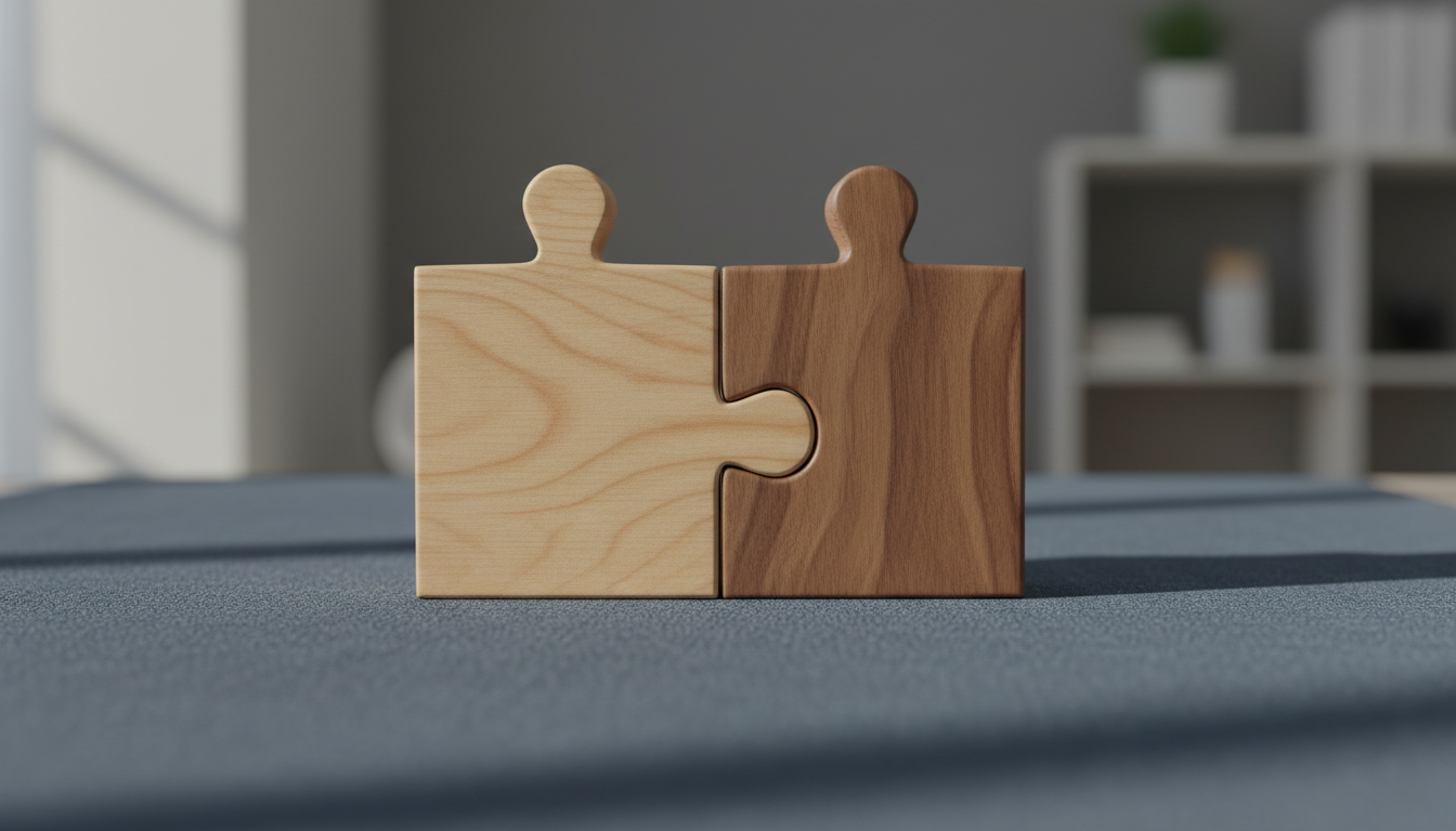 A pair of interlocking, smoothly sanded wooden puzzle pieces crafted in natural maple and walnut, positioned atop a slate-blue textured fabric surface. The puzzle pieces are tightly fit, their clean contours and subtle grain patterns apparent. The backdrop is understated, with tones of soft gray fading into a gentle blur, suggesting a discreet office setting. Natural light pours in from the side, casting gentle shadows and accentuating the seamless connection of the pieces. Photographed from a close-up, eye-level perspective with a shallow depth of field, the image evokes a mood of connection, integration, and collaborative problem-solving. The clean, corporate photographic style supports the professional essence of Kokoro Balance, symbolizing partnership in therapy and teamwork.