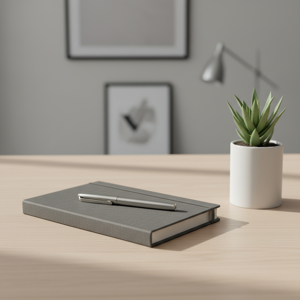 An orderly work desk with a closed, charcoal-gray linen-bound notebook neatly placed alongside a polished silver pen atop a pale oak surface. A minimalist ceramic succulent pot sits nearby, its matte white finish and structured succulent leaves adding organic contrast. The background is softly out of focus, revealing a neutral light-gray wall and hints of modern office decor. Diffused daylight filters in at an angle, creating gentle highlights and barely-there shadows, establishing a calm, focused workspace. Captured from a slightly elevated angle with an emphasis on clean lines and negative space, the photographic realism and structured composition enhance the professional, composed mood—ideal for conveying clarity and purposeful reflection in therapy and organizational consultation.