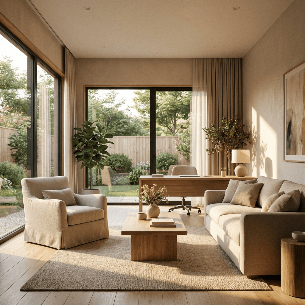 A minimalist home office and living area featuring neutral tones and a garden view.