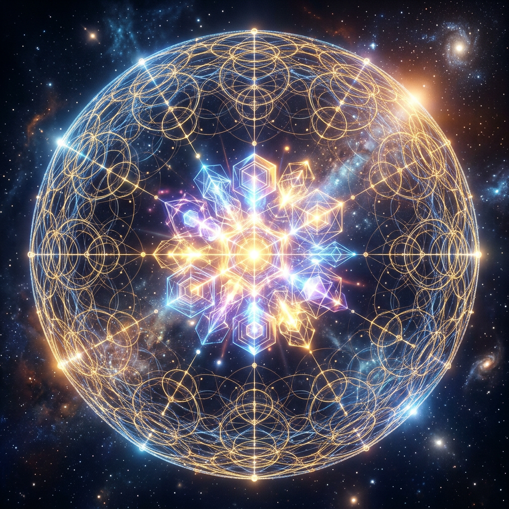 Intricate glowing geometric shapes forming a circular pattern in space
